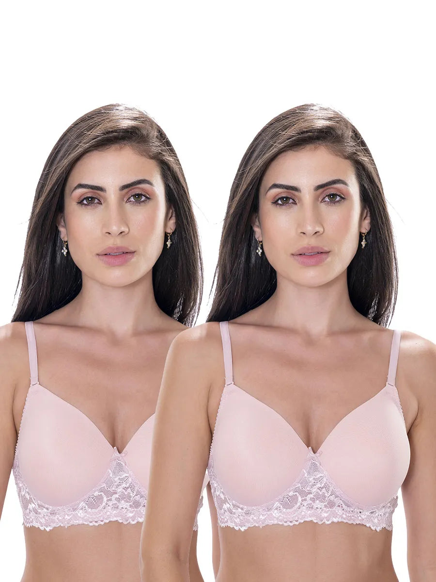 LIGHT PINK HALF LACY PADDED NON WIRED 3/4TH COVERAGE T-SHIRT BRA