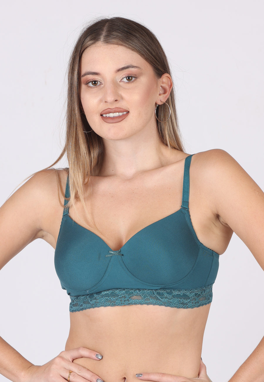 Smooth Charm Non-Wired T-Shirt Bra - Green Half Lacy