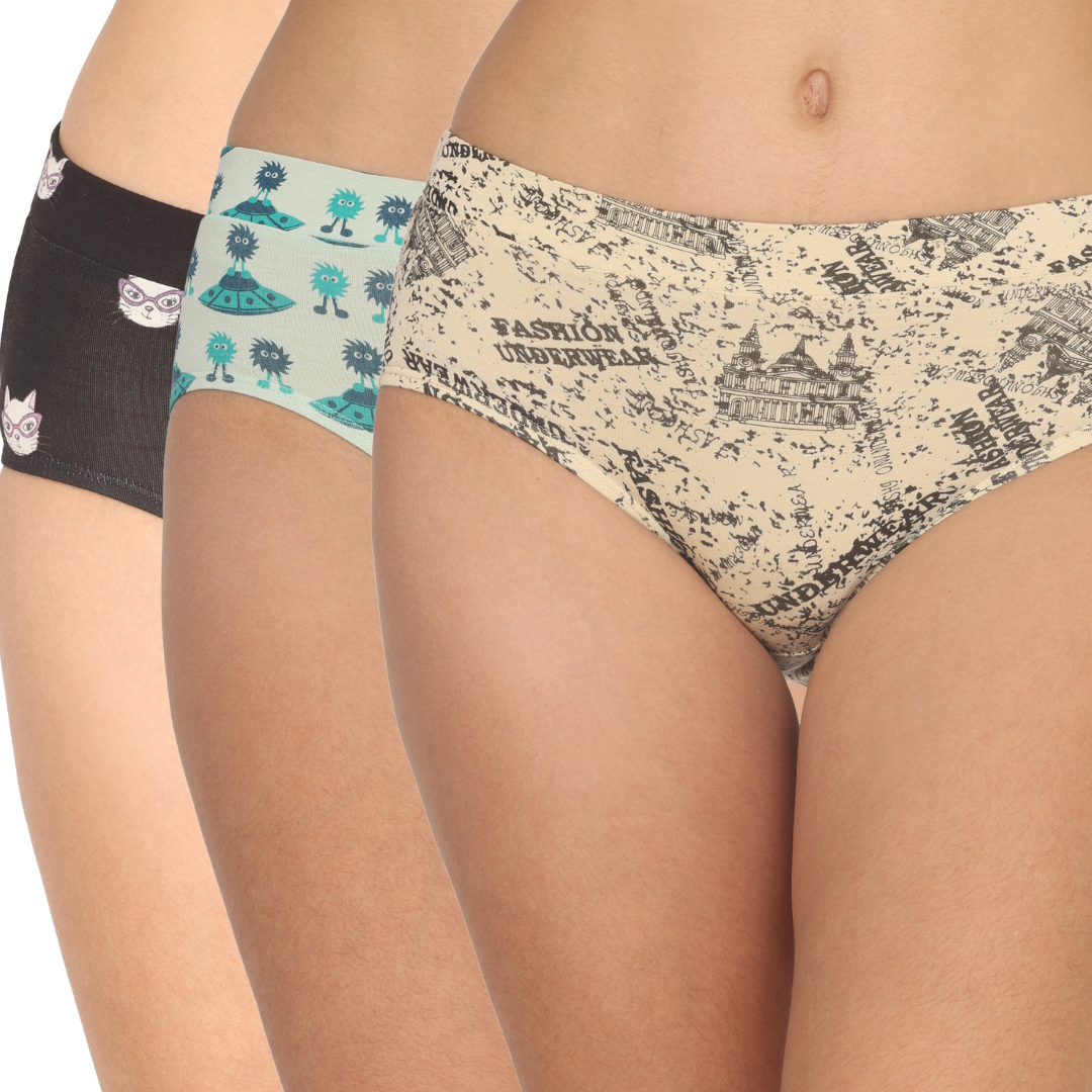 MID RISE FULL COVERAGE PRINTED COTTON STRETCH HIPSTER PANTY PACK OF 3