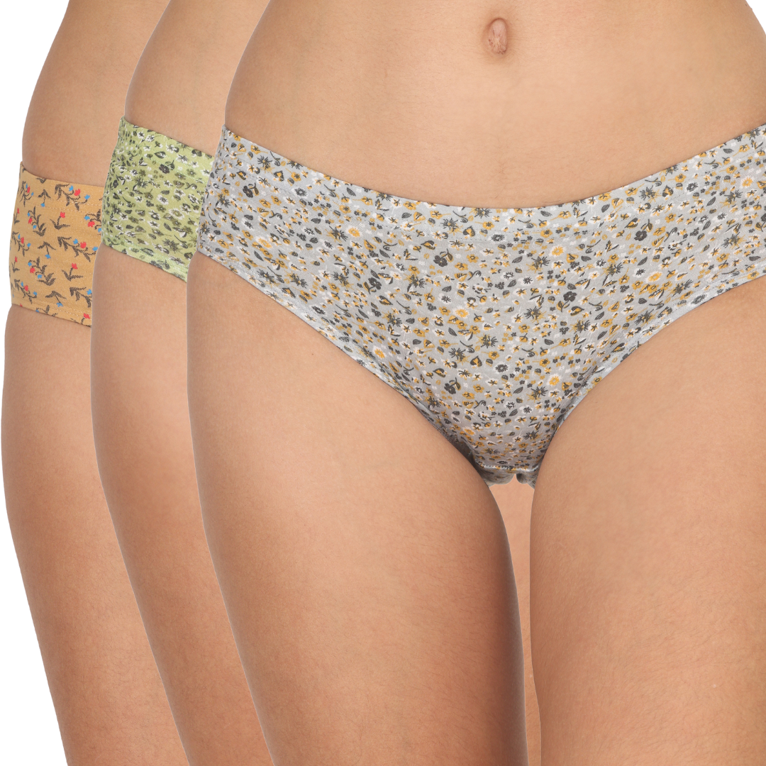 AAVOW LOW RISE FULL COVERAGE FLOWER PRINTED COTTON STRETCH HIPSTER PANTY PACK OF 3